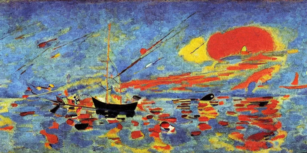 Image similar to rising sun ( ( ( fishing cormorant, fishing boat ) ) ) on the naples bay, by kandinsky