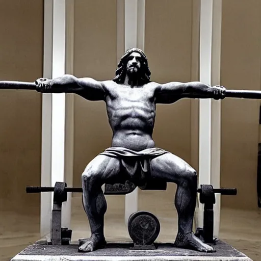 Prompt: jesus christ benchpressing large weights, roman sculpture