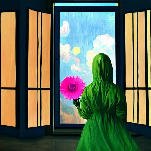 Prompt: giant flower under head, woman next to modern windows, luxury apartment, surreal photography, dramatic light, impressionist painting, digital painting, artstation, van gogh