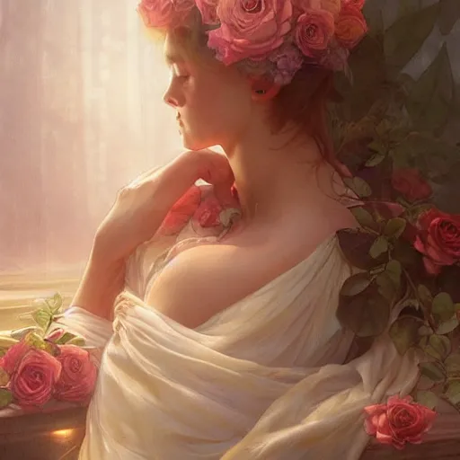 Image similar to Roses lying on a silk cloth, fog, volumetric lightin, intricate, elegant, highly detailed, digital painting, artstation, concept art, smooth, sharp focus, illustration, art by artgerm and greg rutkowski and alphonse mucha