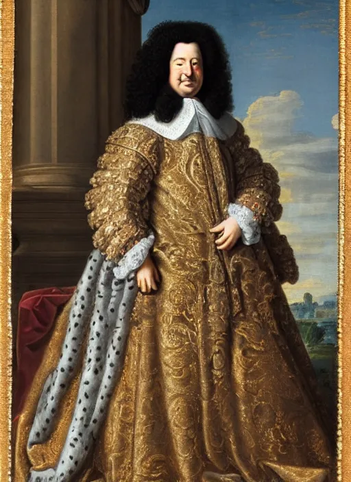 Prompt: portrait of Louis xiv of France in his coronation garb by hyacinthe rigaurd 1701