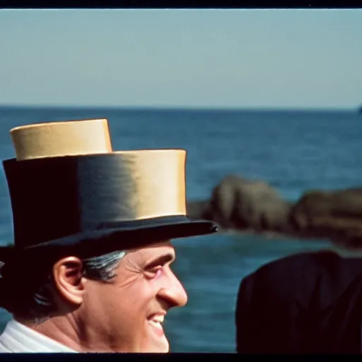 Prompt: the godfather wears a top hat and smiles. 5 0 mm, cinematic, technicolor. sea and beach and a man in the background.