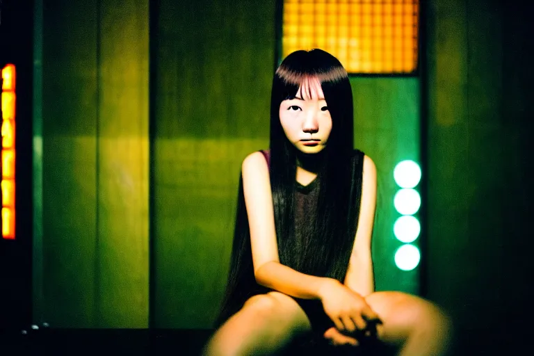 Prompt: photography masterpiece by haruto hoshi and yang seung woo, flash photography portrait of a cute young japanese woman with dyed hair sitting in a inside a kyabakura night club, shot on a canon 5 d mark iii with a 3 5 mm lens aperture f / 5. 6, dslr camera, film grain, full res