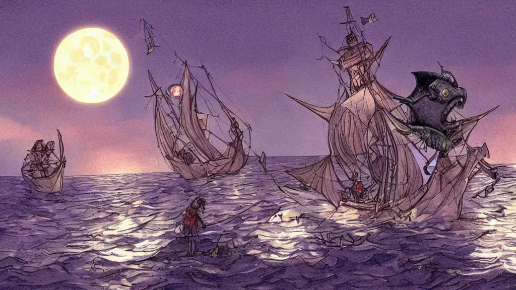 Prompt: a large!! surfacing!!! anglerfish!!!!! meets a lantern!! - holding!!!!! sailor!! on a ( sloop ), ( background with large full moon and purple sky ), in the styles of tom coletti, jorge jacinto, and thomas veyrat intricate, accurate details