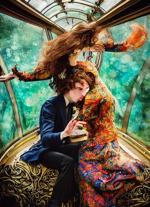 Image similar to detailed colourful masterpiece of intricate art nouveau preraphaelite photography by anne leibovitz couple portrait sat down extreme closeup, love, inside an underwater train, detailed realistic expressions, wearing unusual clothes, ultra wide angle