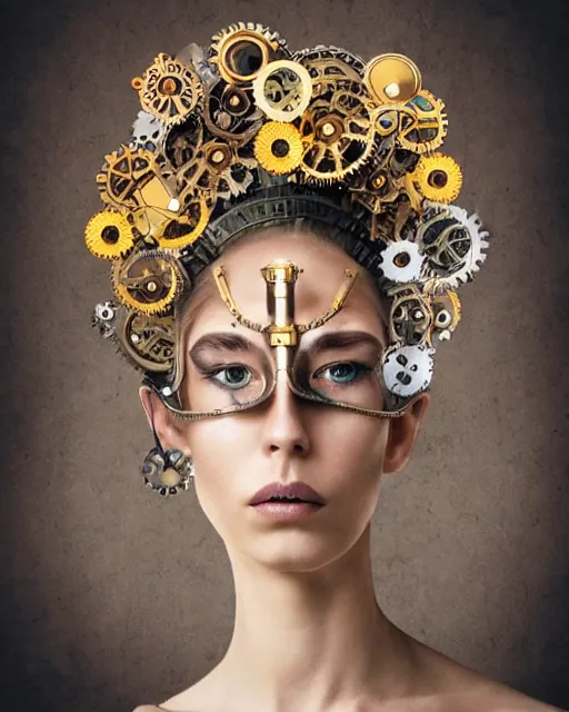 Image similar to portrait of a beautiful young cyborg woman with a big steampunk flower crown and part mechanical face , Metropolis, in the style of Mario Testino