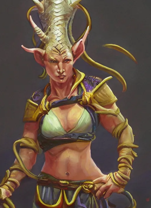 Prompt: a mighty female d & d tiefling monk painted by raymond swamland, award winning