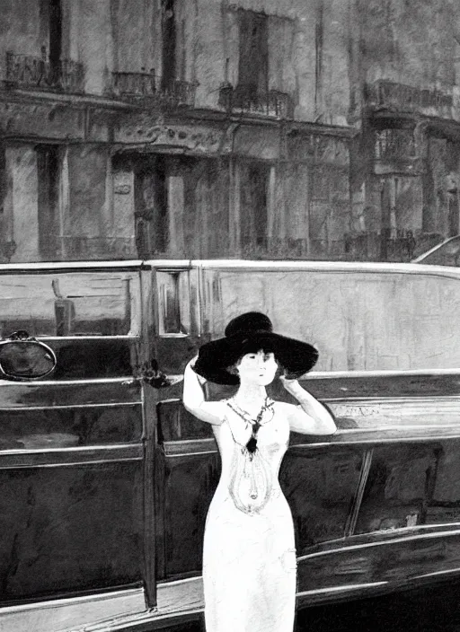 Image similar to a painting of a woman posing in front of a 1920's limo by Louis Icart, highly detailed, masterpiece, trending on ArtStation, ultra realistic