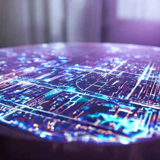 Prompt: hologram of futuristic city on a table