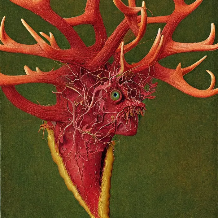 Image similar to close up portrait of a mutant monster creature with ten antlers growing in fractal forms, face in the shape of a colorful exotic carnivorous plant. by jan van eyck, walton ford