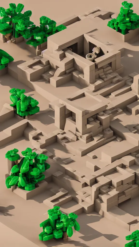 Image similar to matte 3 d low poly scene of a desert temple, lat lighting, isometric perspective on tropical beach background, soft shadows, 3 d render, lego builders journey, raytracing,