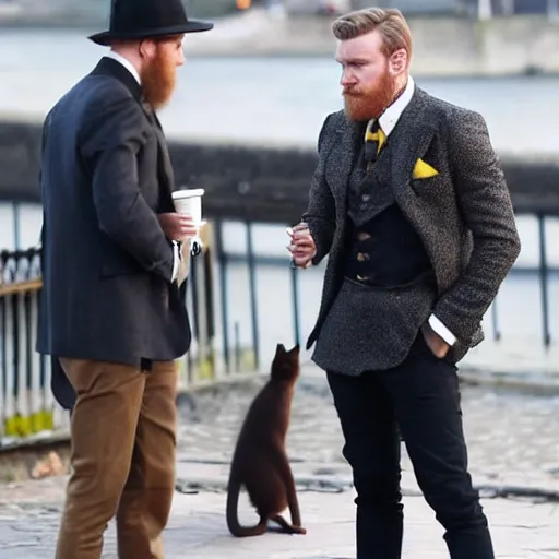 Prompt: mcgregor is dressed as a gentleman at early 2 0 th century paris. he is having a coffee at the banks of river seine. ewan mcgregor has a coffee cup on his hand. next to him is a small brown cat with yellow glowing eyes. blueish tint