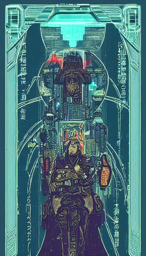 Prompt: a tarot card of the emperor, cyberpunk themed art, concept art