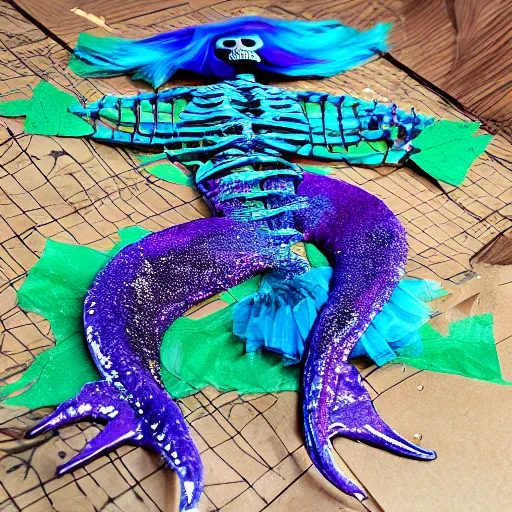 Prompt: stop motion bipedal halloween eel snake skeleton fantasy mermaid with a fish bone body, wearing a frilly mermaid skirt, on a handcrafted cardboard dock to look at the hand painted night sky full of glittery star stickers and glow in the dark star stickers over a shredded paper sea, adorable, side profile, macro camera lens