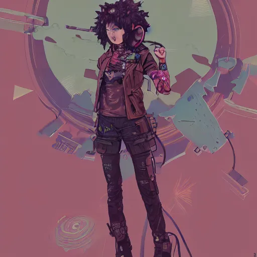 Image similar to high - angle, combat pose of a grungy cyberpunk anime, very cute, by super ss, cyberpunk fashion, curly pink hair, night sky by wlop, james jean, victo ngai, muted colors, highly detailed