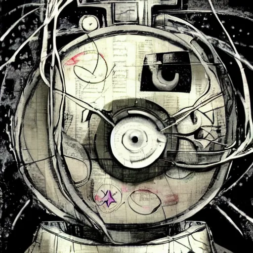 Prompt: a fullmetal wired robot is reading the intimate diary of sophia aeon, by dave mckean