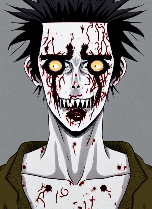 Image similar to junji ito style portrait of zombie teenage jughead jones wearing a light grey crown, zombie, crown, rotting skin, blind eyes, white eyes, crown, black hair, intricate, highly detailed, illustration, art by junji ito