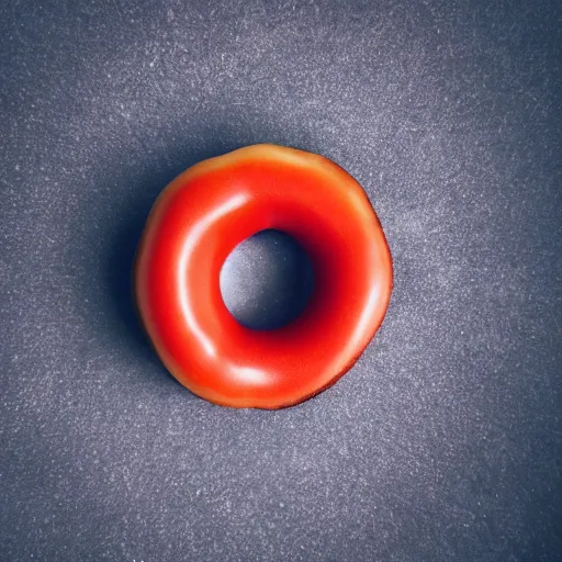 Image similar to Perfectly circular donut!!!!! in the style and shape of a tomato!!!!!!, blended colors!!!!!, trending on artstation, 4k, 8k, professional photography, overhead shot, 35mm lens