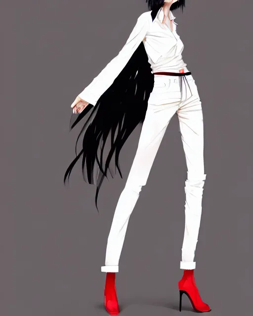 Image similar to a ultradetailed full body portrait of a woman dressed in a white shirt with a tie, by conrad roset, greg rutkowski and makoto shinkai trending on artstation