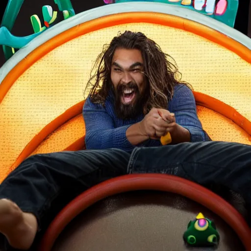 Image similar to A still of a happy, excited Jason Momoa playing on a children's toy slide in a toy commercial, 4k resolution, hyperdetailed, studio lighting