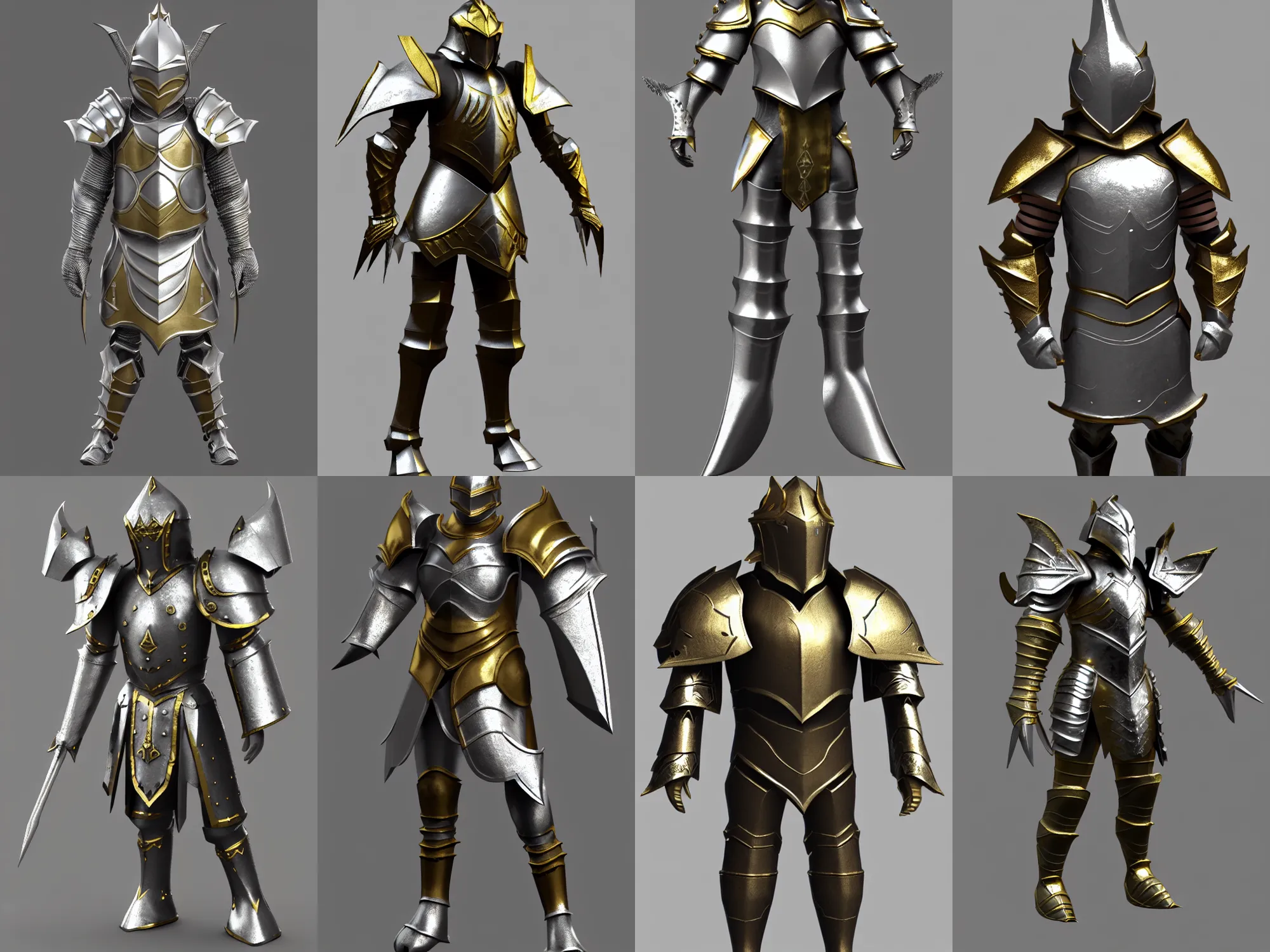 Prompt: simple render of awesome oversized fantasy armor, silver with gold trim, medieval fantasy, extremely clean, character model, HD lowpoly Octane render
