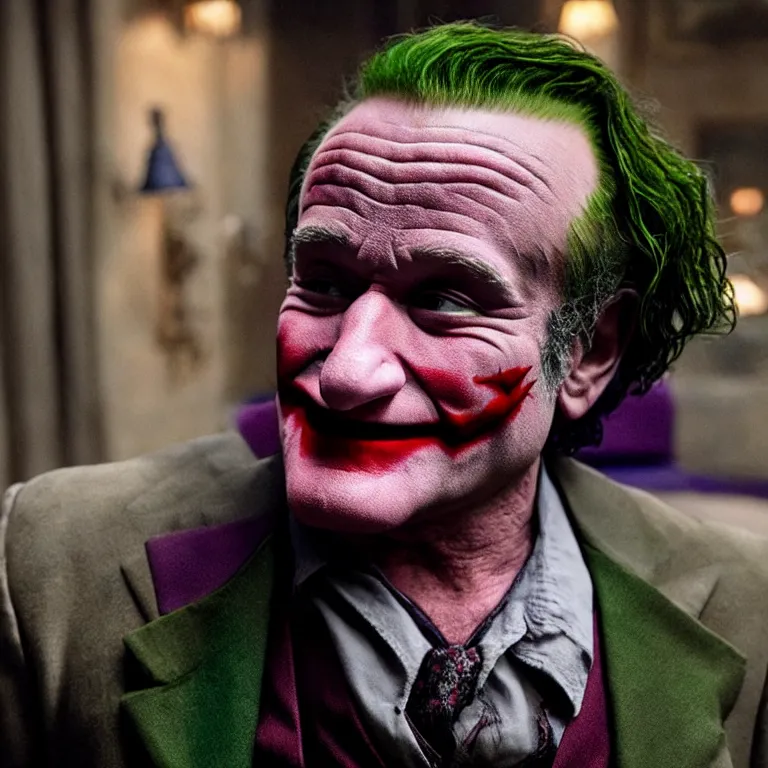 Prompt: robin williams as the joker, movie still, 8 k, hdr, atmospheric lighting