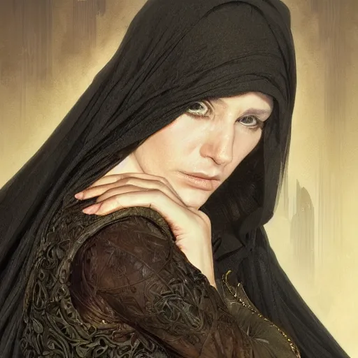 Image similar to portrait, female bene gesserit, bee keeper, dark clothes, veiled face, hidden face, d & d, fantasy, intricate, elegant, highly detailed, digital painting, artstation, concept art, matte, sharp focus, illustration, art by artgerm and greg rutkowski and alphonse mucha