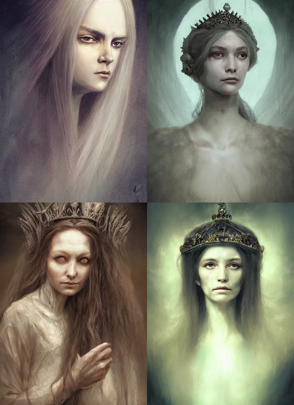 Image similar to portrait of a gentle and wise queen with long hairs in alan lee and marc simonetti and emil melmoth style , cinematic lighting