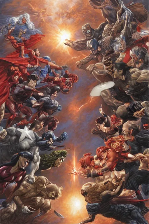 Image similar to super hero civil war battle. art by tomacz alen kopera and gaston bussiere and alex ross.