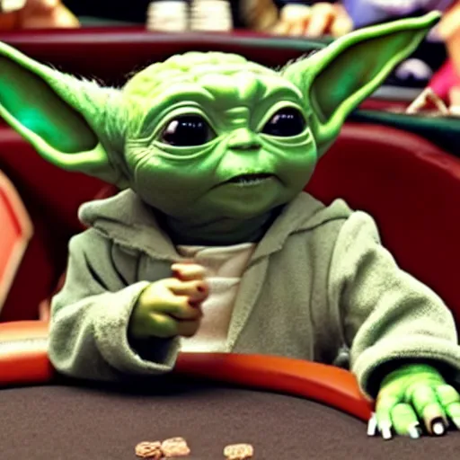 Image similar to baby yoda in a casino playing poker