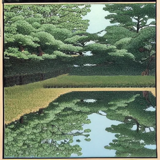 Prompt: A reflective puddle in an orchard, in the style of kawase hasui