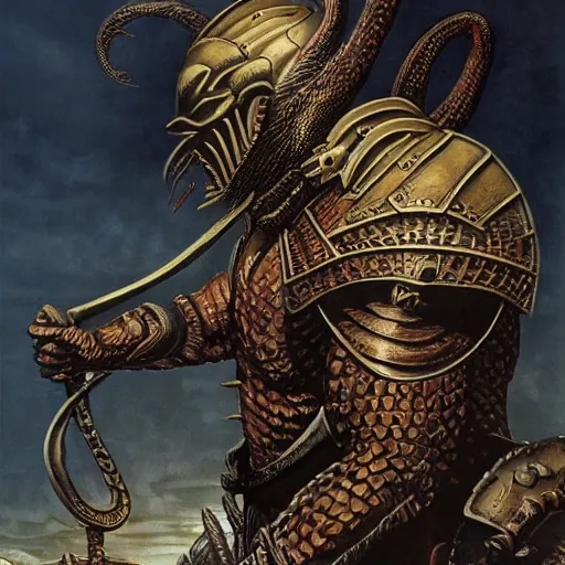 Image similar to serpent - man warlord wearing bronze age plate armor, horrific background symmetrical, zoom out, high quality, high definition, 8 k, photograph photorealistic by frank frazetta