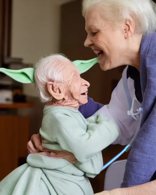 Prompt: stock photos of baby yoda visiting elderly people at a nursing home, hyperreal