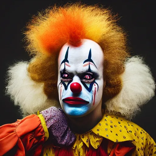 Image similar to uhd candid photo of krusty the clown wearing bizarre clown makeup, intricate details. photo by annie leibowitz photorealisitc hyperdetailed