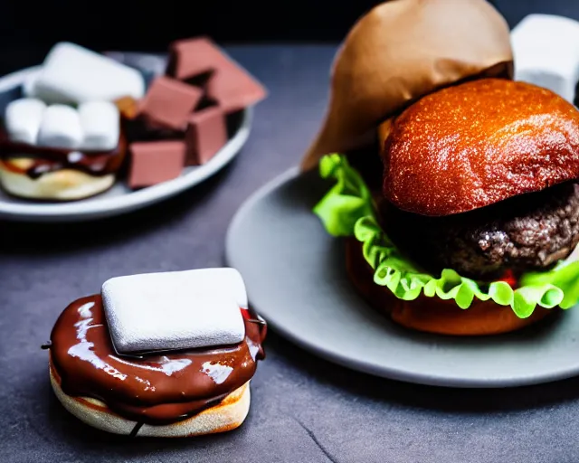Image similar to dslr food photograph of burger with marshmallows in it, chocolate sauce, 8 5 mm f 1. 8