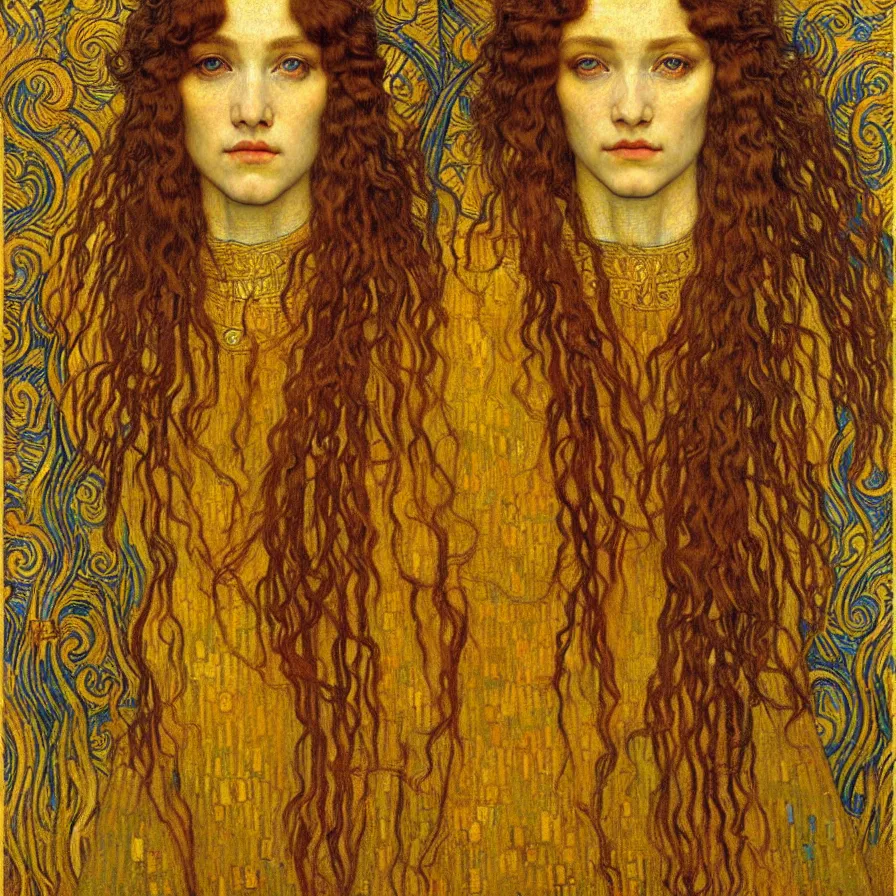 Image similar to detailed realistic beautiful young medieval queen face portrait by jean delville, gustav klimt and vincent van gogh, art nouveau, symbolist, visionary, gothic, pre - raphaelite, muted earthy colors, desaturated