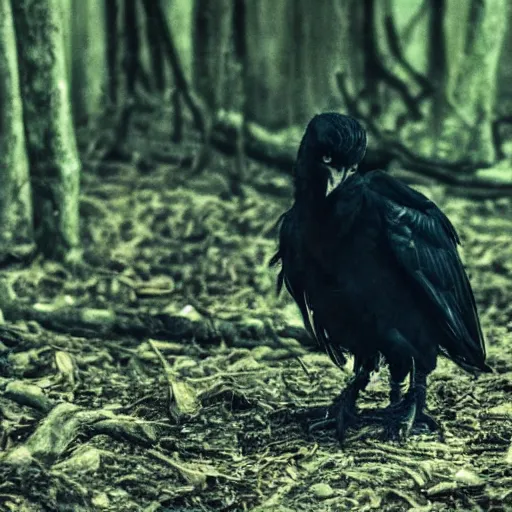 Image similar to !! werecreature consisting of a crow and a human, photograph captured in a dark forest