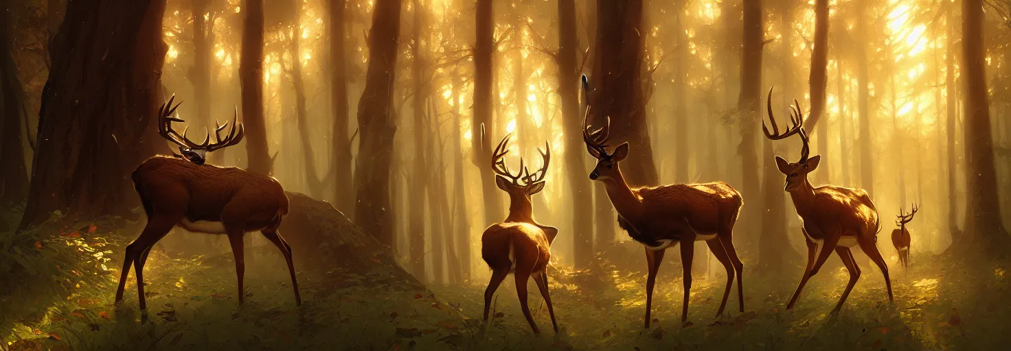 Image similar to Deer in Sherwood Forest, full frame, highly detailed, digital painting, artstation, concept art, smooth, sharp focus, illustration, art greg rutkowski and alphonse mucha