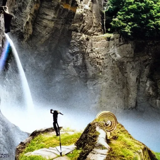 Image similar to man with sword jump of the cliff in front of the waterfall, dragons flying around, anime, cartoon, superhero, naruto