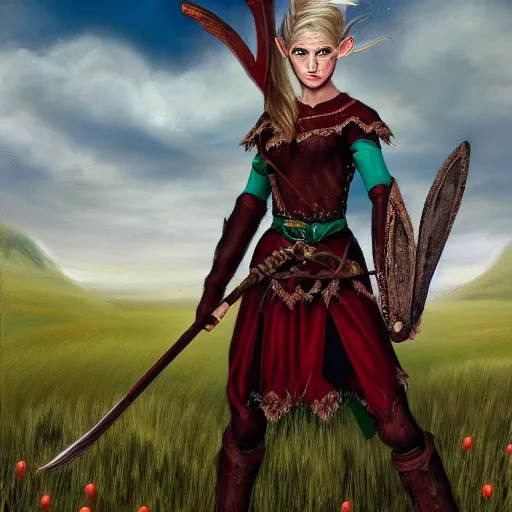 Prompt: fantasy portrait of an elf warrior with a field in the background