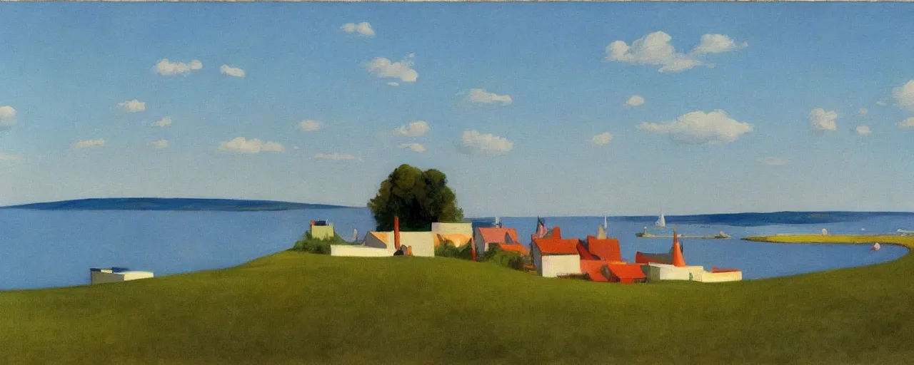 Image similar to an edward hopper style painting of ( ( ( ( ( ( ( ( balatonfured, a resort town in veszprem county, in hungary ) ) ) ) ) ) ) ), summer, july of 1 9 4 8