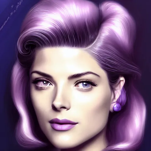 Image similar to A combination of Grace Kelly's and Katheryn Winnick's and Ashley Greene's faces with short violet hair as Cortana, cyberpunk style, synthwave aesthetic, fantasy, intricate, elegant, highly detailed, digital painting, artstation, concept art, matte, sharp focus, illustration, half body portrait, anime style, art by Artgerm and Greg Rutkowski and Alphonse Mucha