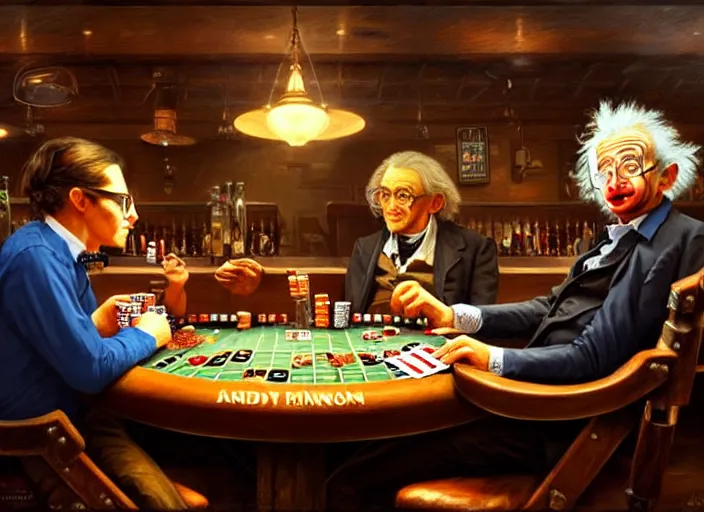 Image similar to playing poker in a saloon, Isaac Newton and Stephen Hawking and Albert Einstein, by Mandy Jurgens, trending on artstation, Richard Schmid and norman rockwell