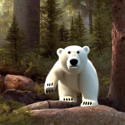 Image similar to pixar still, polar bear, cute polar bear,located in the forest