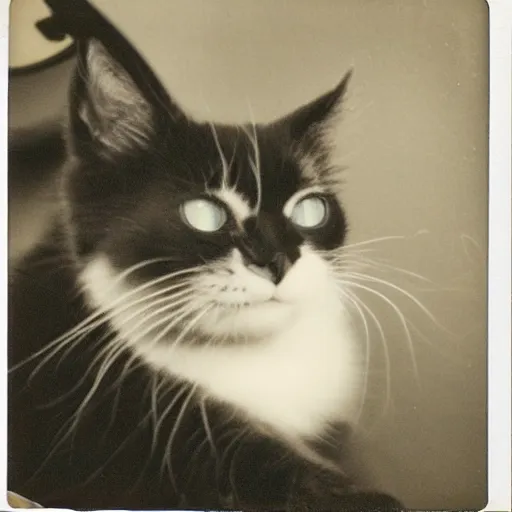 Image similar to black cat in a rollercoaster. the cat is looking excited. polaroid. sepia.