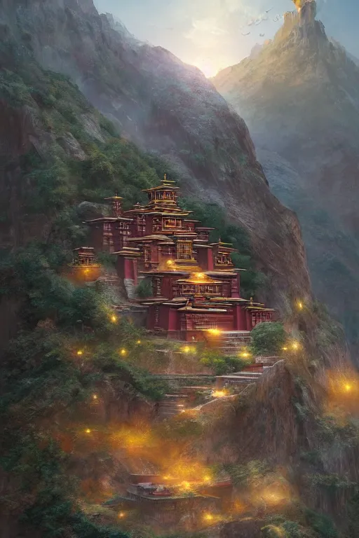 Image similar to inside a Tibetan monastery with a view at the edge of the cliff, powerfull, intricate, elegant, volumetric lighting, digital painting, highly detailed, artstation, sharp focus, illustration, concept art, ruan jia, steve mccurry