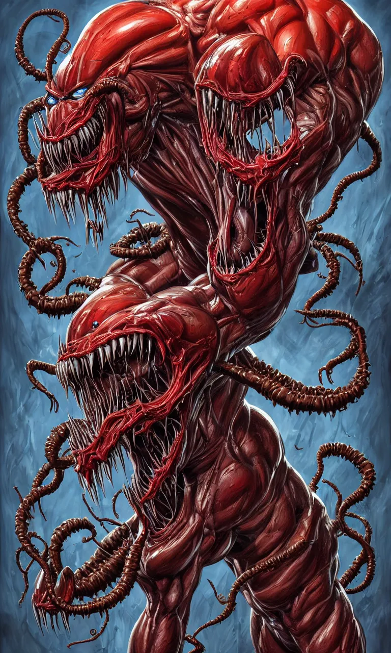 Prompt: hyper realistyc anatomically acurate full body long shot of bodybuilder venom from marvel comics!!!!, large mouth with teeth, lovecraftian horror, fantasy, intricate, elegant, highly detailed, digital painting, artstation, concept art, matte, sharp focus, illustration, art by glenn fabry