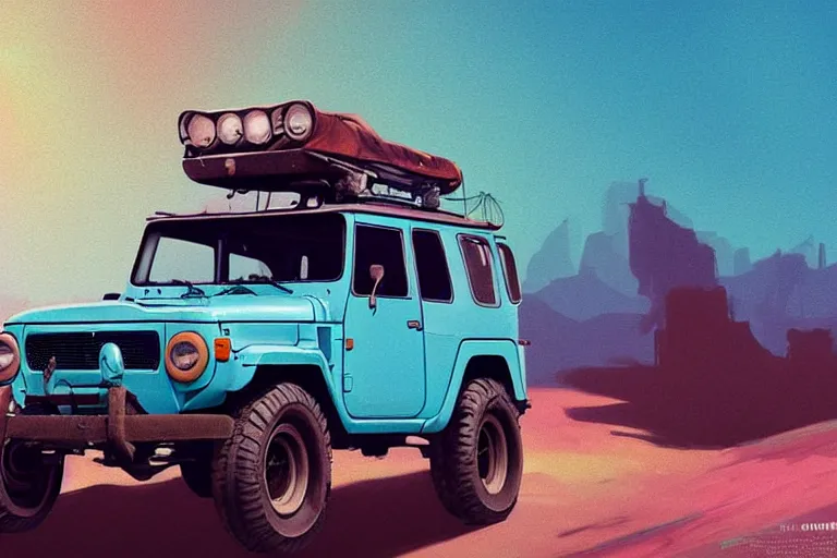 Image similar to digital illustration of a faded cyan mad max's fj 4 0 decrepit!!!! pursuit special, rusty!!! nissan fj cruiser heavily modded 1 9 9 0 s, the last v 8 interceptor by makoto shinkai, ilya kuvshinov, lois van baarle, rossdraws, basquiat