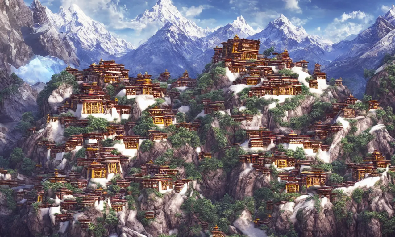 Prompt: Breathtaking Tibetan monastery, snowcapped mountains,mvivid colors, high details, cinematic, 8k resolution, beautiful detailed, photorealistic, digital painting, artstation, concept art, smooth, sharp focus, illustration, fantasy background, artstation trending, octane render, unreal engine