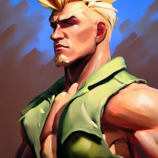 Prompt: greg manchess portrait painting of guile from street fighter as overwatch character, medium shot, asymmetrical, profile picture, organic painting, sunny day, matte painting, bold shapes, hard edges, street art, trending on artstation, by phil hale and gil elvgren and gerald brom